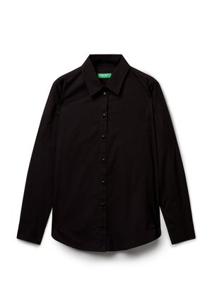 Zwarte langemouwen knoopshirt met klassieke kraag, plat gelegd op een witte achtergrond.