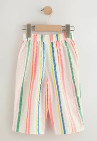 Helle Stoffshorts mit pastellfarbenen wellenförmigen Streifen in Pink, Grün, Blau, Gelb und Orange. Verfügt über einen elastischen Bund. Hängt an einem Clip.
