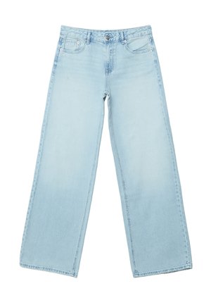 Hellblaue Jeans mit weitem Bein, vorderen Taschen, Gürtelschlaufen und Knopfverschluss.
