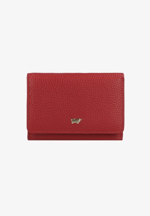 Portafoglio in pelle rossa con texture e un accento in metallo dorato a forma di toro. Presenta una chiusura a pattina e un design compatto.