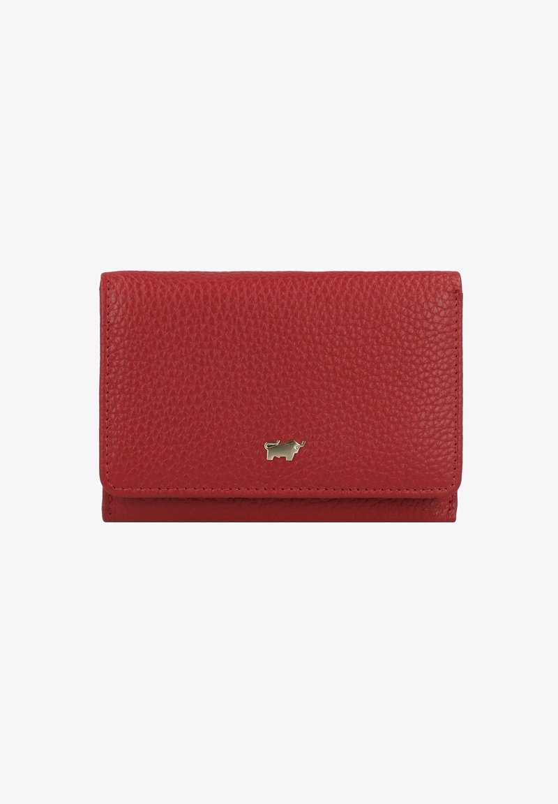 Portafoglio in pelle rossa con texture e un accento in metallo dorato a forma di toro. Presenta una chiusura a pattina e un design compatto.