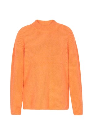 Suéter de punto naranja con un cuello alto, silueta ligeramente holgada y textura acanalada, que presenta manga larga y un diseño sin costuras.