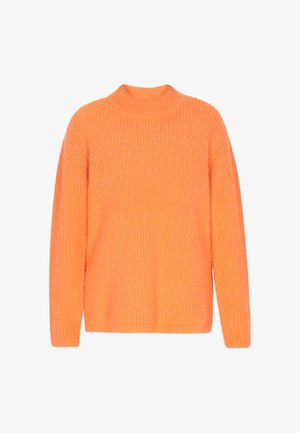 Narancssárga kötött pulóver magas nyakkal, enyhén laza szabással és bordázott textúrával, hosszú ujjal és varrás nélküli kivitelben.