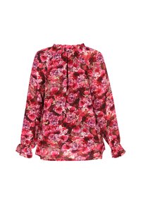 Blumenbluse aus leichtem Stoff, mit einem Rüschenausschnitt und langen Ärmeln mit gerafften Bündchen. Überwiegend pink mit lila Akzenten.