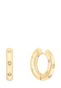 Goldfarbene Creolen mit sternförmigen Akzenten und klaren Kristallen, ausgestattet mit einer glatten Oberfläche und abgerundetem Design.