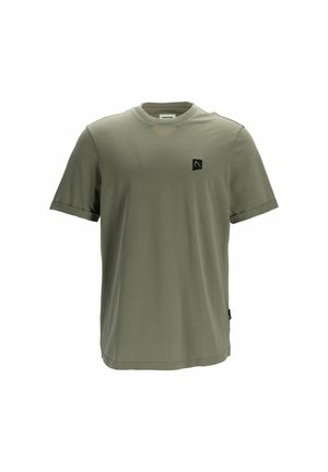 Olijfgroene t-shirt met korte mouwen van een soepele, lichte stof. Bevat een zwart logo-opdracht op de borst en opgerolde mouwranden.
