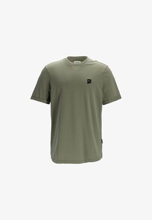 Oliivroheline lühikeste varrukatega T-särk sujuvast, kergest materjalist. Toote peal on must logo plekki rinnal ja rullu varruka servad.