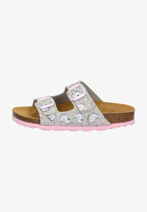 Graue Sandalen mit pinken Schnallen, die ein Einhorn-Muster aufweisen. Korkfußbett mit einer pinken Gummisohle. Offene Zehenform und verstellbare Riemen.
