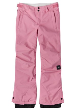 Lyserøde snobukser lavet af vandtæt stof med en glat overflade, der har to forlommer, justerbar talje og elastiske manchetter.