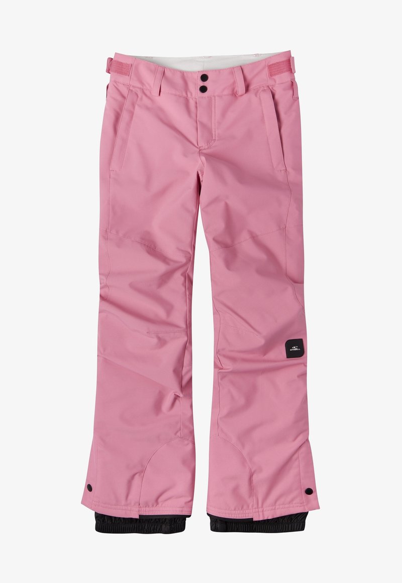 Pantalons de neige roses en tissu imperméable avec une texture lisse, dotés de deux poches avant, d'une taille ajustable et de poignets élastiques.