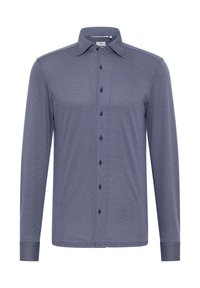 Langsleeve knoopshirt in marineblauw met een geometrisch patroon. Gemaakt van stof met een gladde textuur en afgewerkt met een klassieke kraag en manchetten.