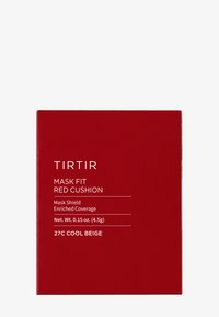 TIRTIR Mask Fit Red Cushion Verpackung; lebendige rote Box mit weißem Text, enthält 0,15 oz (4,5 g) in Farbton 27C Cool Beige.