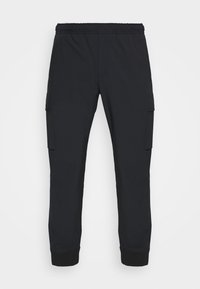 Pantalon cargo noir avec taille élastique, poches latérales, jambes fuselées et poignets côtelés. Confectionné dans un tissu lisse et léger.