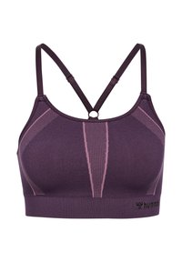 Lila Sport-BH mit einem geschwungenen Ausschnitt, Racerback-Design und kontrastierenden pinken Streifenmustern. Logo an der unteren Bandkante, flexibles Material.