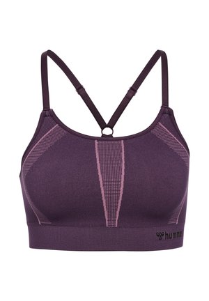 Paarse sportbeha met een gebogen halslijn, racerback ontwerp en contrasterende roze streepjespatronen. Logo op de onderste band, flexibele stof.