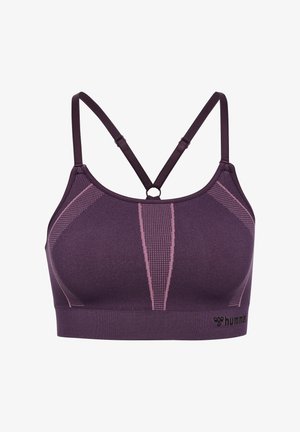 Lila Sport-BH mit einem geschwungenen Ausschnitt, Racerback-Design und kontrastierenden pinken Streifenmustern. Logo an der unteren Bandkante, flexibles Material.