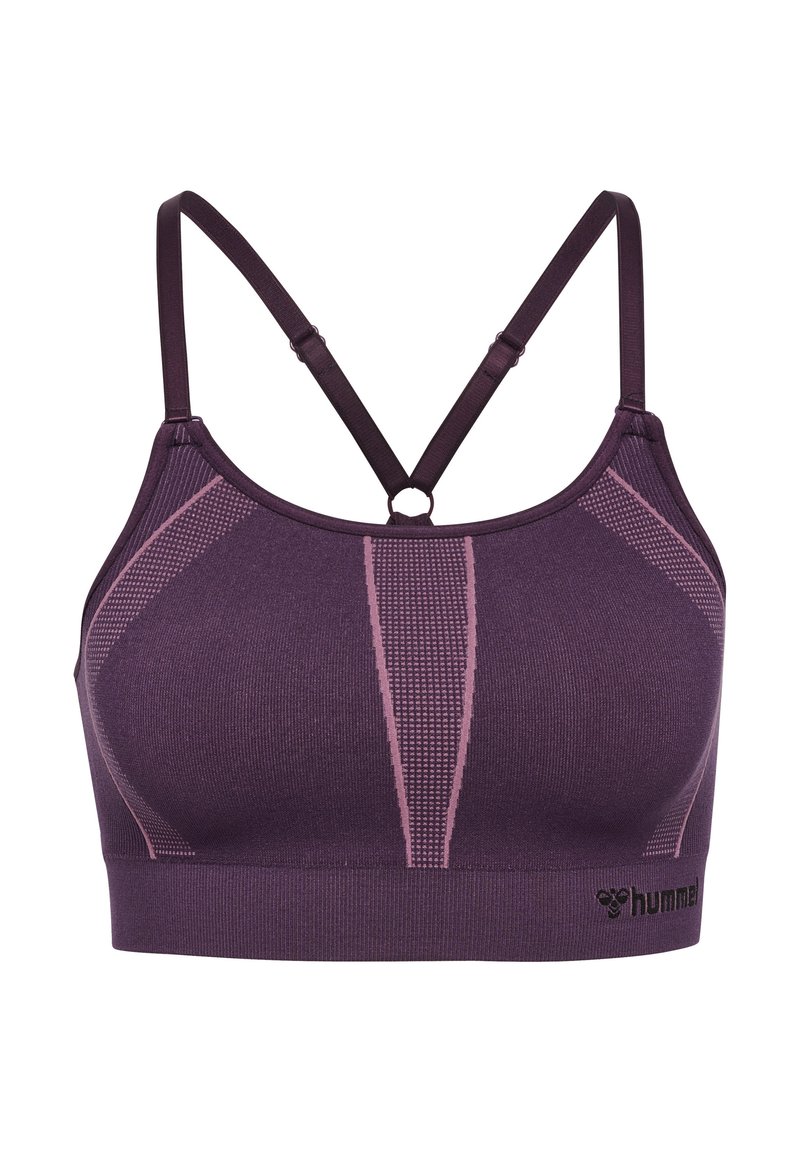 Lila Sport-BH mit einem geschwungenen Ausschnitt, Racerback-Design und kontrastierenden pinken Streifenmustern. Logo an der unteren Bandkante, flexibles Material.