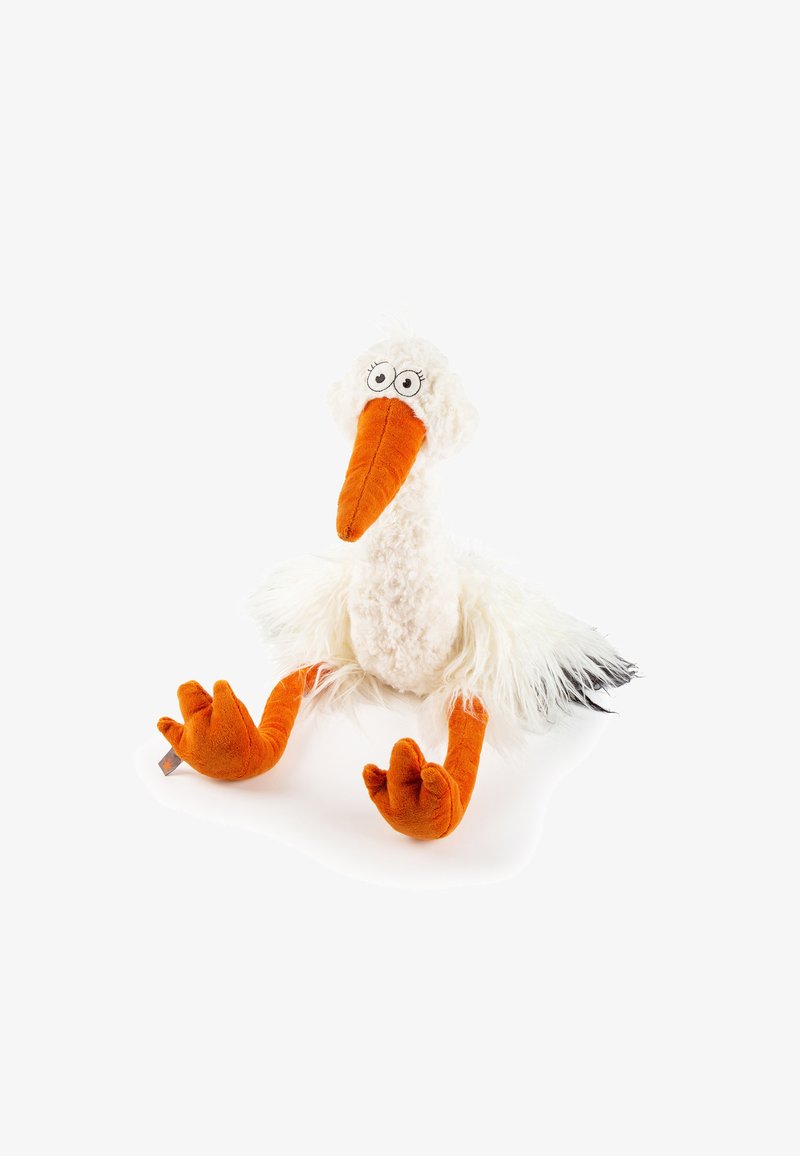 Plush stork toy with a white fluffy body, orange beak and feet, black tail feathers, large round eyes, and short tuft of hair on the head.