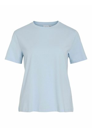 Light blue short-sleeve crew neck t-shirt with a relaxed fit and seamless front on a white background.