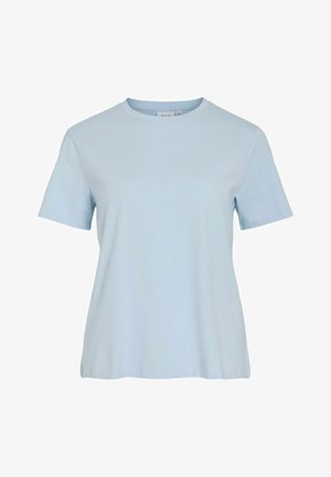 Light blue short-sleeve crew neck t-shirt with a relaxed fit and seamless front on a white background.