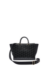 Borsa in pelle nera con design trapuntato, dotata di doppi manici superiori e una tracolla removibile. Sono visibili dettagli in metallo dorato.