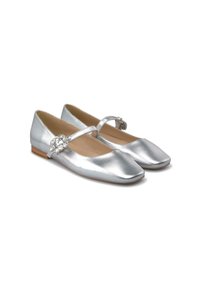 Zilveren metallic balletschoenen met vierkante neuzen en een decoratieve band met versieringen. Gladde textuur en lage hak.