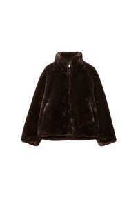 Mørkebrun blød faux fur-jakke med høj krave og frontlynlås, lange ærmer og en blød, fluffy tekstur.