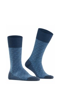Calzini di cotone blu navy con un motivo testurizzato di pois azzurri e una fascia a coste, punta e tallone rinforzati.