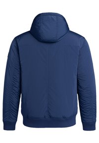Marineblaues, gepolstertes Jacket mit Kapuze, das eine glatte Textur, gerippte Bündchen und ein leicht glänzendes Finish aufweist. Die Rückansicht zeigt keine sichtbaren Logos.