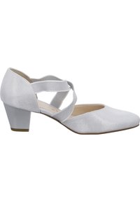 Gray low-heeled shoes with a pointed toe, featuring a textured upper and crisscross elastic straps for secure fit. Classic design.
