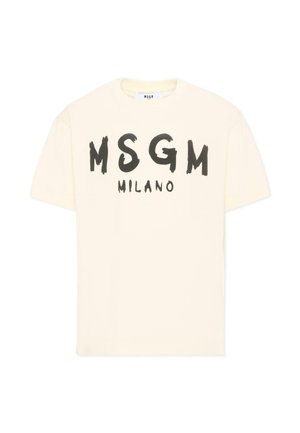 Crèmekleurig T-shirt met korte mouwen en zwarte tekst in geschilderde stijl op de voorkant.