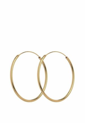 Par af glatte, tynde øreringe i guld med en enkel lukning, vist mod en hvid baggrund.