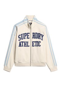 Sudadera deportiva con cremallera en color crema con rayas azules. Presenta "SUPERDRY" y "ATHLETIC" en bordado azul oscuro en la parte frontal.