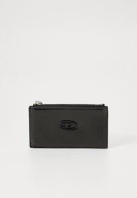 Black leather wallet with a smooth finish, rectangular shape, and a zip closure. Features a glossy black logo on the front.