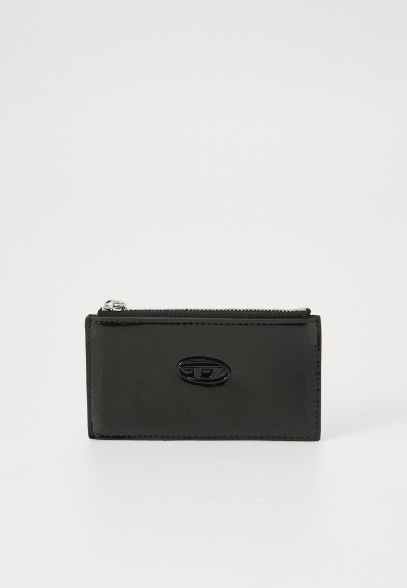 Black leather wallet with a smooth finish, rectangular shape, and a zip closure. Features a glossy black logo on the front.
