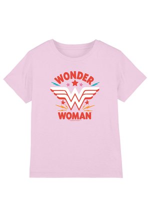 Pink cotton t-shirt featuring a graphic print of "WONDER WOMAN" with red text, white star accents, and a central winged "W" logo.