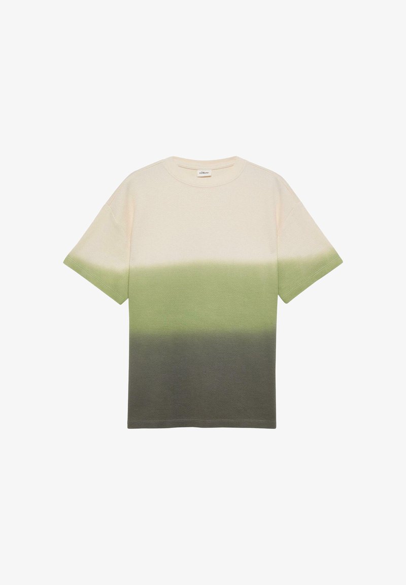 T-shirt à manches courtes en maille avec un dégradé de couleur allant du crème en haut au vert clair puis vert foncé en bas.