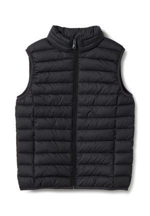 Zwarte, doorgestikte mouwloze bodywarmer met opstaande kraag en rits aan de voorkant, ontworpen voor lichtgewicht warmte en laagjes.