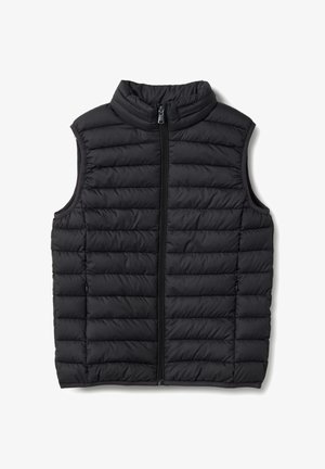 Zwarte, doorgestikte mouwloze bodywarmer met opstaande kraag en rits aan de voorkant, ontworpen voor lichtgewicht warmte en laagjes.