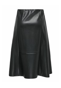 Jupe trapèze en cuir noir avec taille haute et finition lisse légèrement brillante sur fond blanc.