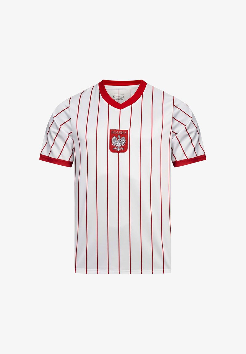 White short-sleeve shirt with thin red vertical stripes, red collar, red sleeve trim, and a red Polska crest with white eagle on chest.