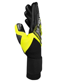 Guanti da portiere con palmo nero, dorso testurizzato giallo e nero e chiusura sicura al polso. Ideali per una buona presa e protezione.