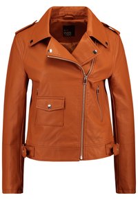 Giubbotto da moto in pelle marrone con colletto a scollatura, chiusura con zip, tasca laterale con zip e spalline con bottone a pressione. Texture liscia.