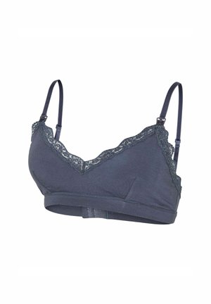 Mørkeblå bralette med blondekant langs udskæringen, justerbare stropper og en glat stoffinish. Har et sømløst design og ingen bøjler.