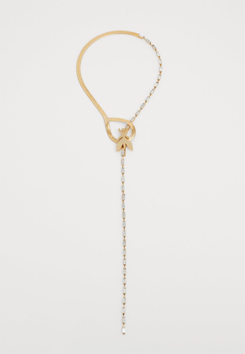 Náhrdelník ve zlatém odstínu s hladkým, flexibilním řetízkem, zdobený dekorativním uzlem a kaskádou průhledných korálků.