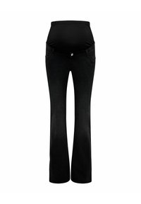 Black maternity jeans with a stretch waistband, five-pocket design, and flared legs, made from lightweight denim material.