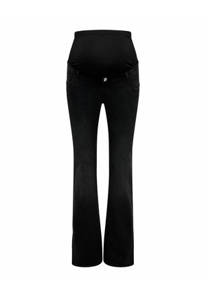 Schwarze Umstandsjeans mit einem dehnbaren Bund, Fünf-Taschen-Design und einem ausgestellten Bein, aus leichtem Denim-Material.