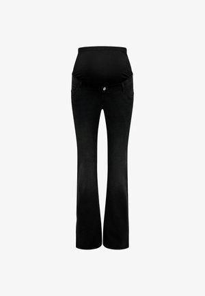 Jeans de maternité noirs avec une taille élastique, un design à cinq poches et des jambes évasées, fabriqués en denim léger.