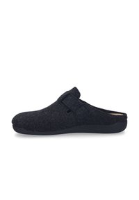 Schwarze Filzslipper mit runder Zehenpartie, einem Riemen über dem oberen Teil und einer strukturierten Sohle für besseren Halt. Einfaches, schlichtes Design.