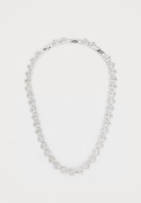 Sølvfarget halskjede med hjerteformede ledd dekorert med klare, glitrende rhinestones. Glatt, polert overflate med en sikker lås.